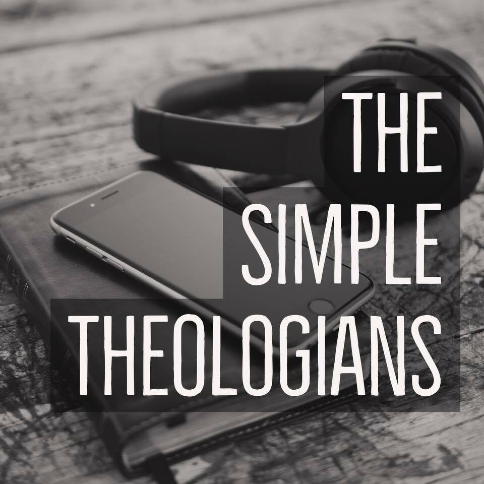 Auto-generated description: A pair of headphones and a smartphone rest on a closed book, with the text THE SIMPLE THEOLOGIANS overlaying the scene.